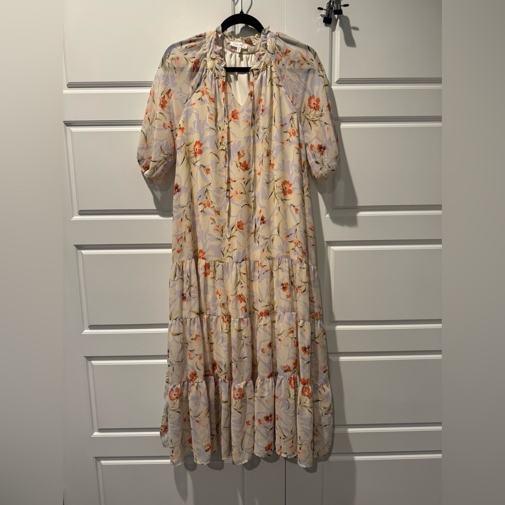 Calista Modest Floral Midi Chiffon Spring Dress Puff Sleeve Ivory Size Medium